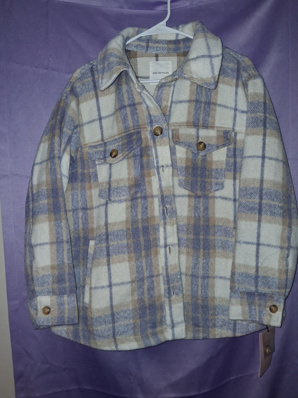 Avec Les Filles Plaid Button-Up Shacket in Cream, Blue & Tan